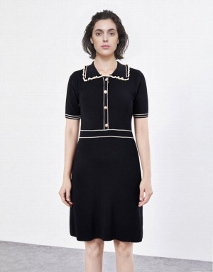 Urban Revivo Contrast Trim Half Button Women's Knitted Dress Black | TBDRHKO-06