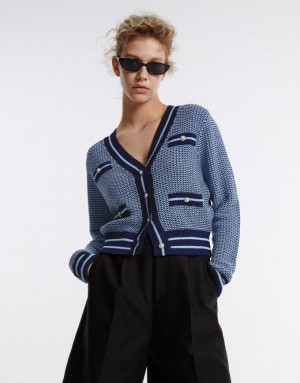 Urban Revivo Contrast Trim Women's Cardigan Blue | CISKBXF-34