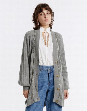 Urban Revivo Contrast Trim Women's Cardigan Light Grey | YCORTEH-61