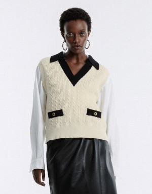 Urban Revivo Contrast Trim Women's Sweaters White | HUSEGJO-87