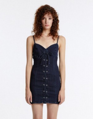 Urban Revivo Corset Style Women's Denim Dress Blue | XUMGOBA-56