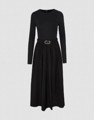 Urban Revivo Crew Neck A-Line With Belt Women's Dress Black | IYHDUCJ-08