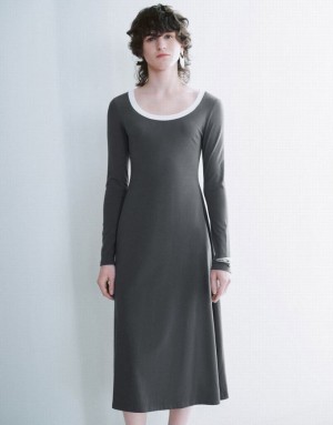 Urban Revivo Crew Neck A-Line Women's Dress Grey | KQSHYGA-91