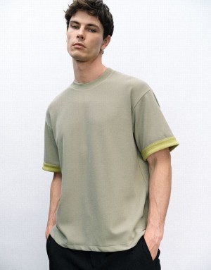 Urban Revivo Crew Neck Knitted Men's T-Shirts Green | CMQTLJB-41