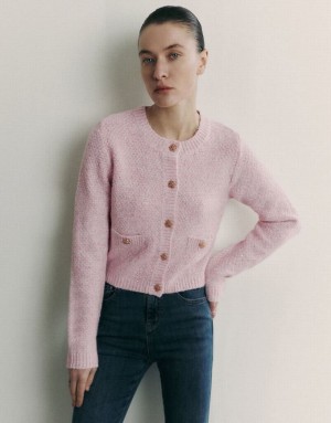 Urban Revivo Crew Neck Knitted With Fake Pockets Women's Cardigan Pink | HABLNET-61