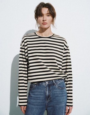 Urban Revivo Crew Neck Loose Women's T-Shirts Stripes | XOWQLME-14