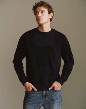 Urban Revivo Crew Neck Men's Sweatshirts Black | LZVNCEF-17