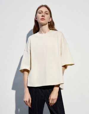 Urban Revivo Crew Neck Oversized Women's T-Shirts Beige | QXCNIVO-06