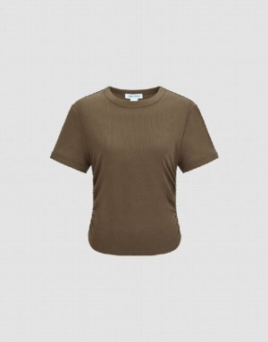 Urban Revivo Crew Neck Skinny Women's T-Shirts Brown | YDNGHSR-04