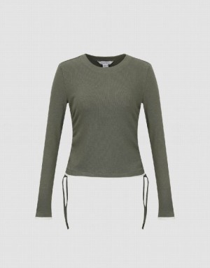 Urban Revivo Crew Neck Skinny Women's T-Shirts Olive | PDEMYHJ-68