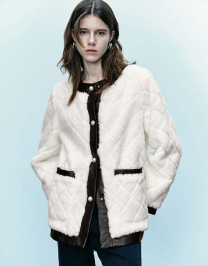 Urban Revivo Crew Neck Straight Furry Women's Coats White | LDMWICO-14