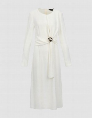 Urban Revivo Crew Neck Straight With Belt Decor Women's Dress White | EHOXGUI-49