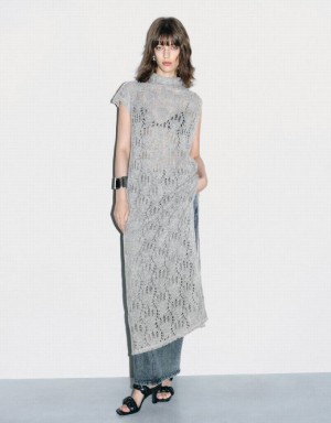 Urban Revivo Crochet Sleeveless Turtle Neck Straight Women's Dress Light Grey | MJOKFUW-76