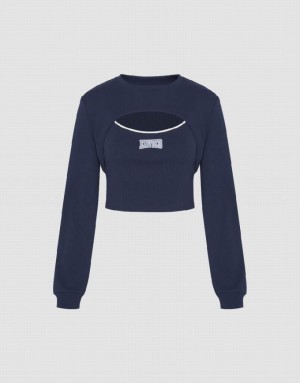 Urban Revivo Cut-Out Crew Neck Knitted Women's T-Shirts Navy | BLURQHK-86