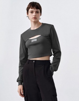 Urban Revivo Cut-Out Crew Neck Knitted Women's T-Shirts Dark Grey | JMUQKHI-76