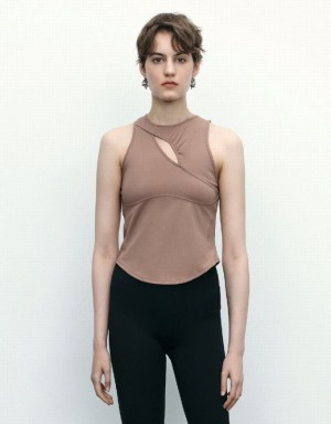 Urban Revivo Cut-Out Women's Tank Top Brown | YARKOQN-80