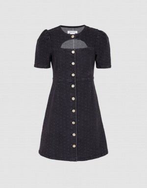 Urban Revivo Cut Out Polka Dot Button Front Women's Denim Dress Black | FKSMYTI-08