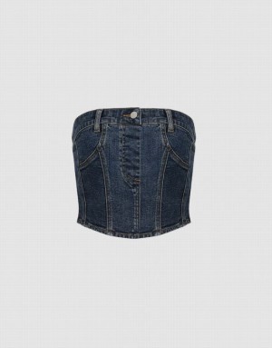 Urban Revivo Denim Top Women's Shirts Blue | DNFYMIB-01