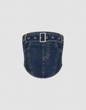 Urban Revivo Denim Top Women's Shirts Blue | SCVPMBY-10