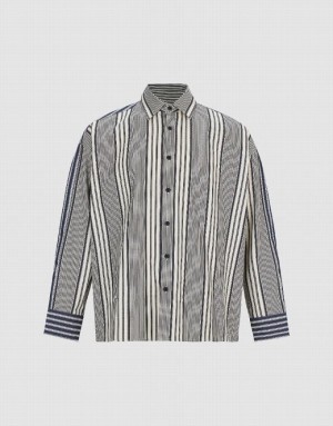 Urban Revivo Dolman Sleeve Striped Loose Men's Shirts Black | UXFGYPE-56