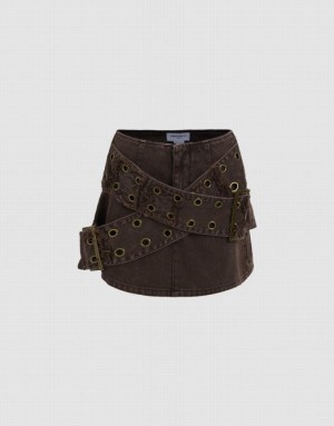 Urban Revivo Double Buckles Mini Straight Women's Denim Skirt Brown | IKLWHJM-18