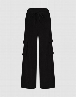 Urban Revivo Drawstring Waist Knitted Straight Women's Pants Black | NSCXVLW-84