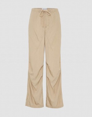 Urban Revivo Drawstring Waist Wide-Leg Women's Pants Khaki | WOJKBMH-02