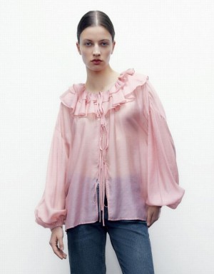 Urban Revivo Drop Should Ruffle Lapel Women's Shirts Pink | YXLHOGK-15