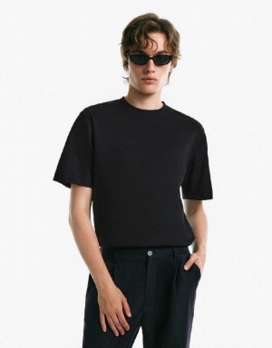 Urban Revivo Drop Shoulder Sleeve Crew Neck Men's T-Shirts Black | FQBVCZW-65