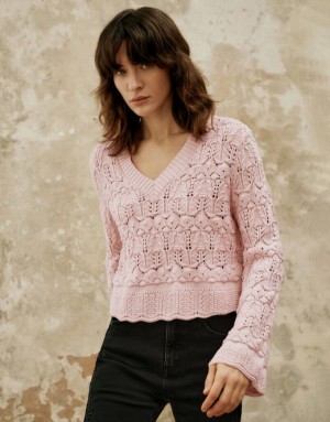 Urban Revivo Drop Shoulder Sleeve V-Neck Knitted Women's Cardigan Pink | FKWMELV-26