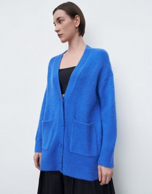 Urban Revivo Drop Shoulder Sleeve V-Neck Knitted Women's Cardigan Blue | GYWDSQP-78