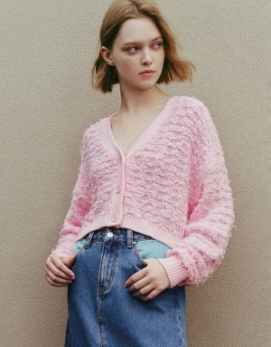 Urban Revivo Drop Shoulder Sleeve V-Neck Knitted Women's Cardigan Pink | OTXEFAB-16