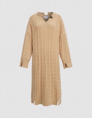 Urban Revivo Drop Shoulder Cable Women's Knitted Dress Khaki | JFTQEOA-76