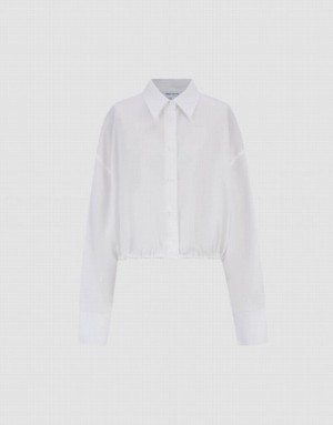 Urban Revivo Elastic Hem Cropped Balloon Women's Shirts White | FZXEBTC-16