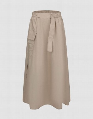 Urban Revivo Elastic Waist Midi A-Line Women's Skirts Khaki | ZQLIJNS-07