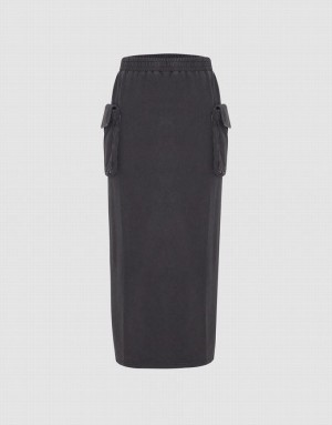 Urban Revivo Elastic Waist Midi Straight Women's Skirts Dark Grey | HWMSZOF-63