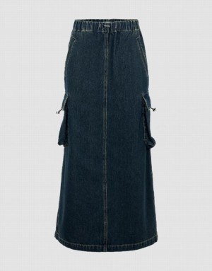 Urban Revivo Elastic Waist Straight Women's Denim Skirt Blue | KYUHZPE-64