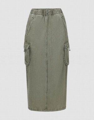 Urban Revivo Elastic Waist Straight Women's Denim Skirt Green | RLWUXDE-13