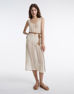 Urban Revivo Embroidered Women's Knitted Dress White | PUBNDGX-84