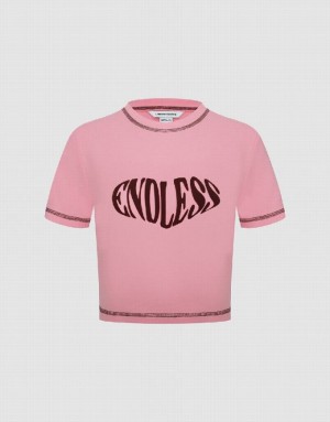 Urban Revivo Endless Printed Crew Neck Skinny Women's T-Shirts Pink | RFLNPTV-26