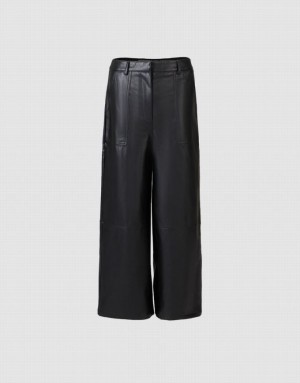 Urban Revivo Faux Leather Wide Leg Women's Pants Black | HMINSFU-41