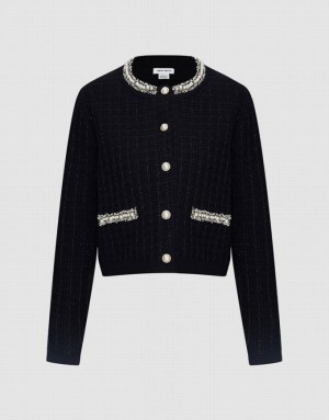 Urban Revivo Faux Pearl Decor Tweed Knitted Women's Cardigan Black | JELRFQG-15