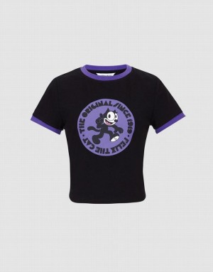 Urban Revivo Felix The Cat Women's T-Shirts Black | OCEKVAN-36