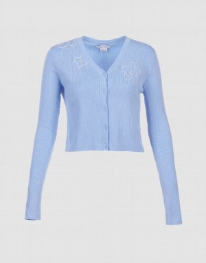 Urban Revivo Floral Embroidery Button Up Women's Cardigan Blue | JTYCARD-12