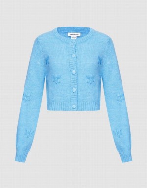 Urban Revivo Floral Embroidery Button Up Women's Cardigan Blue | ATSZJVR-59