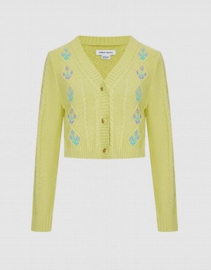 Urban Revivo Floral Embroidery Cable Knit Women's Cardigan Green | QEBRZNG-93