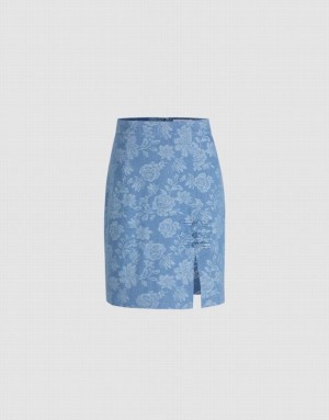 Urban Revivo Floral Jacquard Frog Button Women's Denim Skirt Blue | YXJEHMI-71