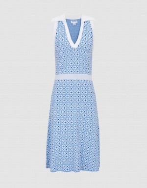 Urban Revivo Floral Pattern Sleeveless Women's Knitted Dress Blue | RCZKPQH-15