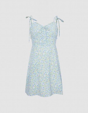 Urban Revivo Floral Print Cami Women's Dress Blue | MZETLAD-06