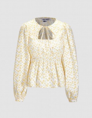 Urban Revivo Floral Print Cut Out Women's Blouse Yellow | PHSAZTM-31